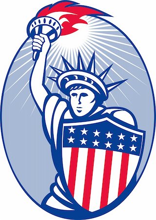 statue of liberty with american flag - illustration of lady statue of liberty with torch and shield set inside oval. Foto de stock - Super Valor sin royalties y Suscripción, Código: 400-04848166