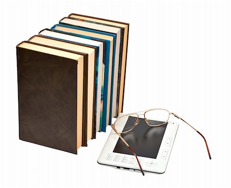 E-book with glasses and paper books a white backgroundoks Stock Photo - Budget Royalty-Free & Subscription, Code: 400-04849324