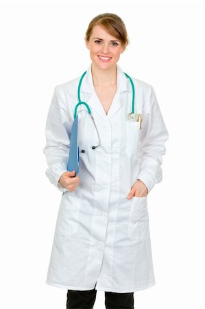 simsearch:400-04351236,k - Smiling  doctor woman holding medical chart in hand isolated on white Photographie de stock - Aubaine LD & Abonnement, Code: 400-04849524