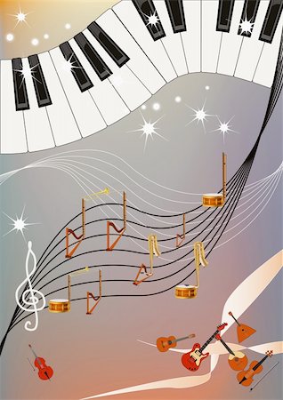 simsearch:400-04859014,k - Musical pattern with piano keyboard and notes made of different musical instruments. Foto de stock - Super Valor sin royalties y Suscripción, Código: 400-04840575