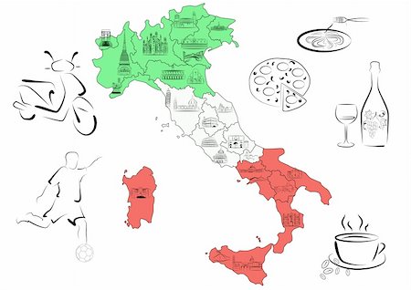 pizza and wine - Vector drawn map of Italy divided by regions with main sights of each region. Stock Photo - Budget Royalty-Free & Subscription, Code: 400-04840570