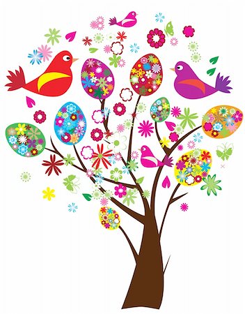 vector illustration of easter tree with floral eggs and birds Stock Photo - Budget Royalty-Free & Subscription, Code: 400-04840616