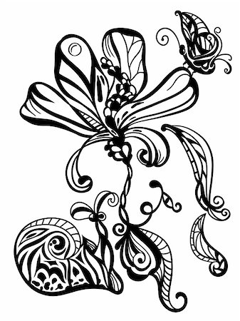 vector monochrome abstract hand drawn flower, snail, and butterfly Foto de stock - Super Valor sin royalties y Suscripción, Código: 400-04841754