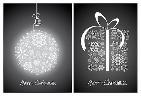 Christmas abstract card - sphere and gift box made from white snowflakes on black background Stock Photo - Budget Royalty-Free & Subscription, Code: 400-04841876