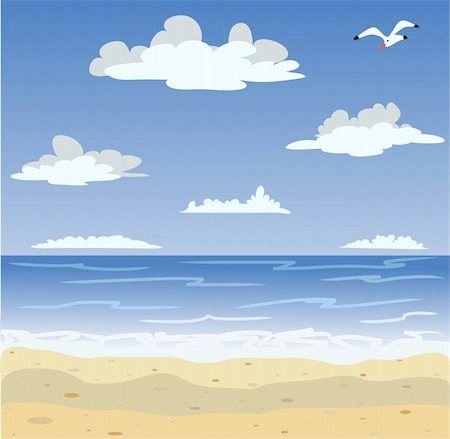 seagulls at beach - Vector illustration of sunny sea beach and blue sky Stock Photo - Budget Royalty-Free & Subscription, Code: 400-04842009