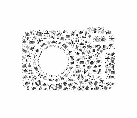 black-and-white camera composed from different travel elements isolated on white background Stock Photo - Budget Royalty-Free & Subscription, Code: 400-04842149