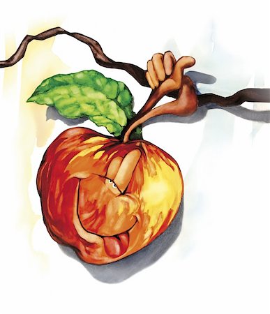 fruits tree cartoon images - watercolor illustration of funny apple on the tree branch¤ Stock Photo - Budget Royalty-Free & Subscription, Code: 400-04843521