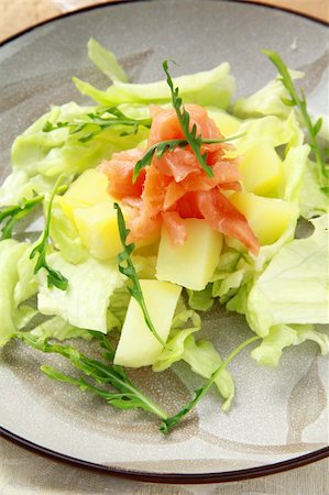 sour cream with baked potatoes - potato salad with smoked salmon and arugula on a plate Stock Photo - Budget Royalty-Free & Subscription, Code: 400-04843717