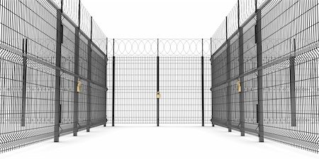simsearch:400-08314121,k - The metal fence with barbed wire. Doors closed at golden lock Stock Photo - Budget Royalty-Free & Subscription, Code: 400-04843748