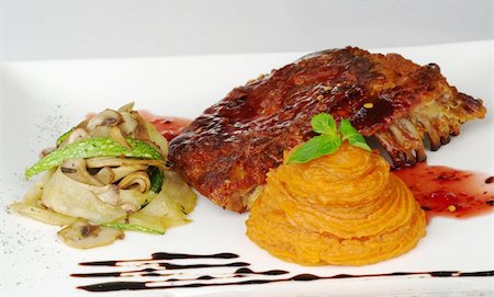 peruvian food gourmet - Main course: Ribs with red sauce, vegetables and sweet potato puree (Selective Focus) Stock Photo - Budget Royalty-Free & Subscription, Code: 400-04854996