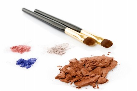 brown,red, blue powder for makeup and two brush Stock Photo - Budget Royalty-Free & Subscription, Code: 400-04856775