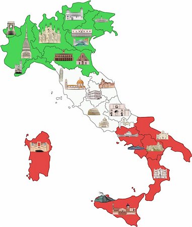 Map of Italy divided by regions with most famous sights in each. Sights drawn in watercolor style. Vector illustration. Stock Photo - Budget Royalty-Free & Subscription, Code: 400-04857350