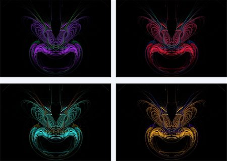 simsearch:400-04365296,k - Four mask or face shaped fractals in purple, red, teal or green and gold or orange on a black background with feathered eyebrows. Stock Photo - Budget Royalty-Free & Subscription, Code: 400-04857740