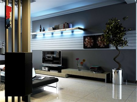 steel shelf - living room with modern style.3d render Stock Photo - Budget Royalty-Free & Subscription, Code: 400-04857989