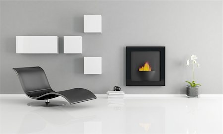 minimalist interior with essential fireplace - rendering Stock Photo - Budget Royalty-Free & Subscription, Code: 400-04859345