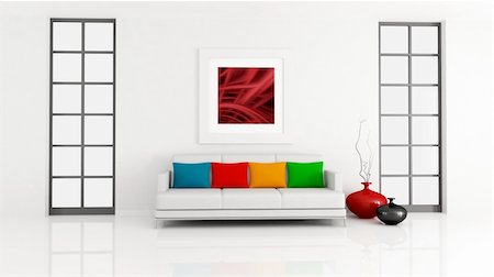 minimalist lounge with white couch and pillow - rendering - the art picture on wall is a my composition Stock Photo - Budget Royalty-Free & Subscription, Code: 400-04859347