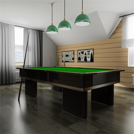 Interior of a room for game in billiards (3d rendering) Stock Photo - Budget Royalty-Free & Subscription, Code: 400-04859834