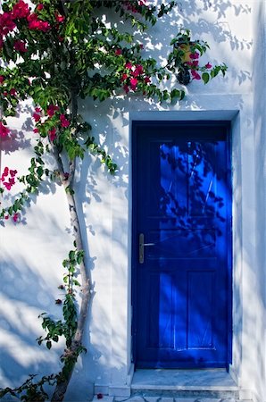 Blue door in greece with plant climbing on the wall Stock Photo - Budget Royalty-Free & Subscription, Code: 400-04850146