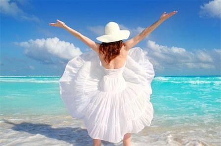 simsearch:400-09151171,k - beach rear woman wind shaking white dress tropical turquoise Caribbean Stock Photo - Budget Royalty-Free & Subscription, Code: 400-04850761