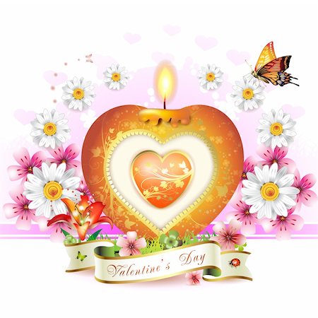 flame lily - Valentine's day card. Red elegant candle with heart shape, gold decorations, flowers and ribbon Stock Photo - Budget Royalty-Free & Subscription, Code: 400-04850952