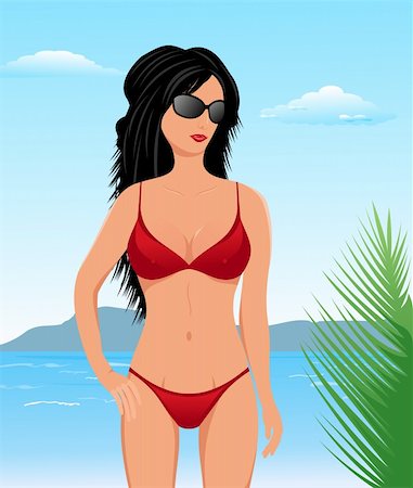 simsearch:400-04364845,k - Illustration pretty brunette girl on beach - vector Foto de stock - Royalty-Free Super Valor e Assinatura, Número: 400-04851175