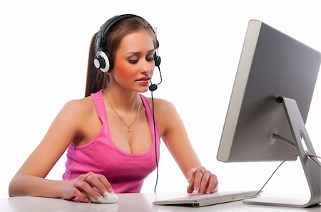 red lips - pretty girl with a headset works at the computer Foto de stock - Super Valor sin royalties y Suscripción, Código: 400-04851596