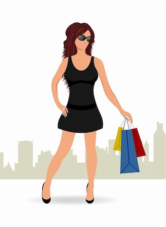 simsearch:400-04285950,k - Illustration shopping girl with bags. Urban background - vector Stock Photo - Budget Royalty-Free & Subscription, Code: 400-04852009