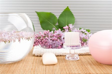 On the wooden table flowers, cream, soap, a brush for cleaning person Stock Photo - Budget Royalty-Free & Subscription, Code: 400-04853109