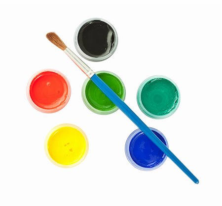 simsearch:400-04275852,k - Top view of brush and colorful paint cans isolated on white background Stockbilder - Microstock & Abonnement, Bildnummer: 400-04853101