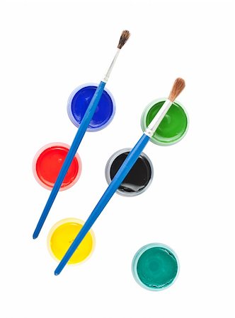 simsearch:400-04275852,k - Top view of brushes and colorful paint cans isolated on white background Stockbilder - Microstock & Abonnement, Bildnummer: 400-04853448