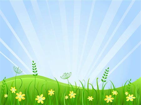 Beautiful green meadow scene. Vector Illustration of Grass at Lawn With Blue Sky Stock Photo - Budget Royalty-Free & Subscription, Code: 400-04865202