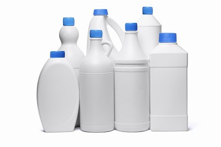 Assorted plastic containers for household detergents on white background Stock Photo - Budget Royalty-Free & Subscription, Code: 400-04865364