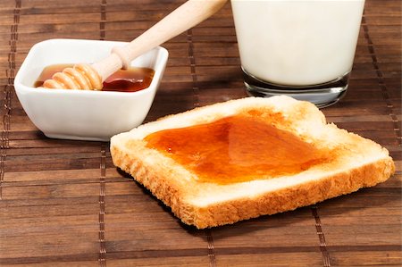 toast with honey, a glass of milk and a honey dipper in a jar with honey Stock Photo - Budget Royalty-Free & Subscription, Code: 400-04865458