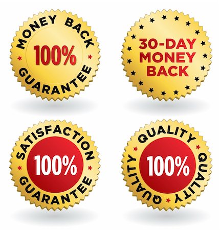 simsearch:400-04375327,k - Vector illustration of four stylish labels / seals / signs in gold and red for retail: 100% Money Back Guarantee, 30-Day Money Back, 100% Satisfaction Guarantee, A Hundred Percent  Quality. Stock Photo - Budget Royalty-Free & Subscription, Code: 400-04865619