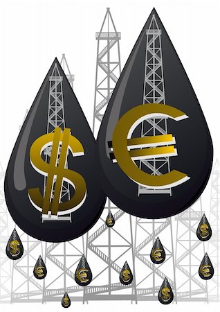 simsearch:400-07405336,k - Oil droplet with a picture of them oil rigs and currency symbols on a background of petroleum drilling rigs Fotografie stock - Microstock e Abbonamento, Codice: 400-04866370