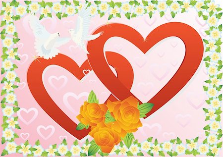 Two white doves flying in the background of two hearts and a bouquet of red roses in a box of wild flowers .. Stock Photo - Budget Royalty-Free & Subscription, Code: 400-04866381