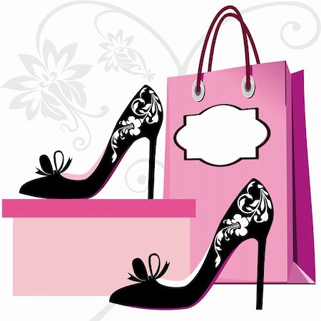elakwasniewski (artist) - Silhouettes of women shoes and shopping bag with floral ornaments Stock Photo - Budget Royalty-Free & Subscription, Code: 400-04868018