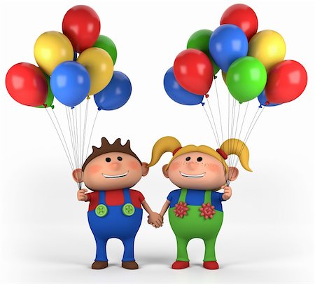 cute boy and girl with balloons holding hands; high quality 3d illustration Stock Photo - Budget Royalty-Free & Subscription, Code: 400-04868604