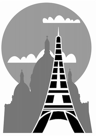 european city outline - Illustration of the Eiffel Tower with Sacre Coeur in background - vector. This file is vector, can be scaled to any size without loss of quality. Stock Photo - Budget Royalty-Free & Subscription, Code: 400-04869588