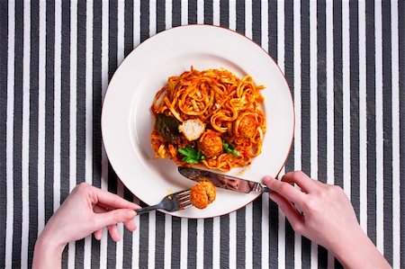 delicious food on fork white background - Spaghetti with meatballs on a white plate Stock Photo - Budget Royalty-Free & Subscription, Code: 400-04860440