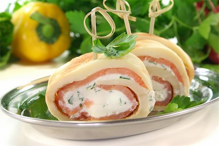 salmon roll - Pancakes filled with smoked salmon and cream cheese Stock Photo - Budget Royalty-Free & Subscription, Code: 400-04860963
