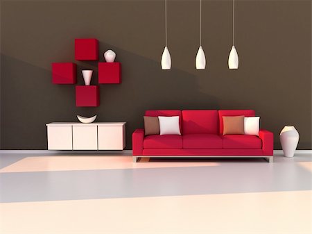 3d rendering interior of the living room, modern room, brown wall and red sofa Stock Photo - Budget Royalty-Free & Subscription, Code: 400-04861489