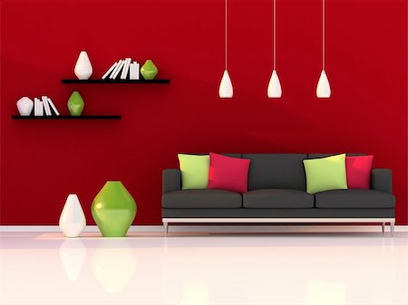 Interior of the modern room, red wall and black sofa Fotografie stock - Microstock e Abbonamento, Codice: 400-04862365