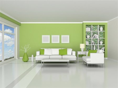 interior of the modern room, green wall and white sofas Foto de stock - Super Valor sin royalties y Suscripción, Código: 400-04862377