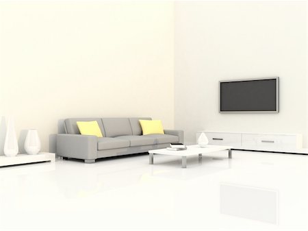 elegant tv room - interior of the modern room, white wall and grey sofa Foto de stock - Super Valor sin royalties y Suscripción, Código: 400-04862372