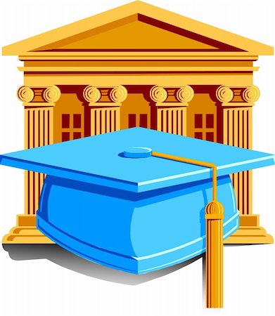 Vector Illustration of a cap with tassel for graduation with school in the background. Stock Photo - Budget Royalty-Free & Subscription, Code: 400-04862443