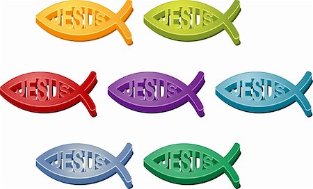 fish clip art to color - Jesus Christian fish symbol colored icon set illustration Stock Photo - Budget Royalty-Free & Subscription, Code: 400-04862927