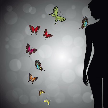 elegant female profile silhouette - Sexual woman silhouette girl with colorful butterfly on bokeh background. Face profile. Vector illustration Stock Photo - Budget Royalty-Free & Subscription, Code: 400-04863569