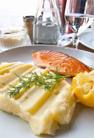 eating seafood restaurant - Grilled Salmon - with fresh lettuce and mash potatoes Stock Photo - Budget Royalty-Free & Subscription, Code: 400-04863628