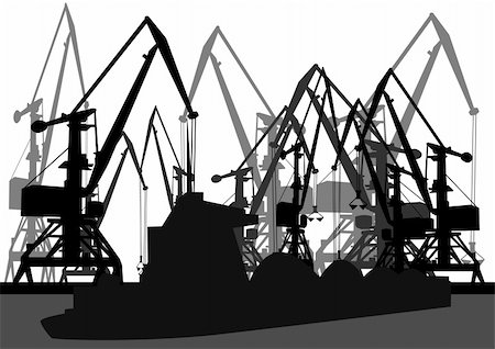 Port cranes and loaded barge. Black and white outline image. Stock Photo - Budget Royalty-Free & Subscription, Code: 400-04874131